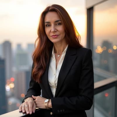 Businesswoman on balcony with city view at sunset, representing success and confidence.
