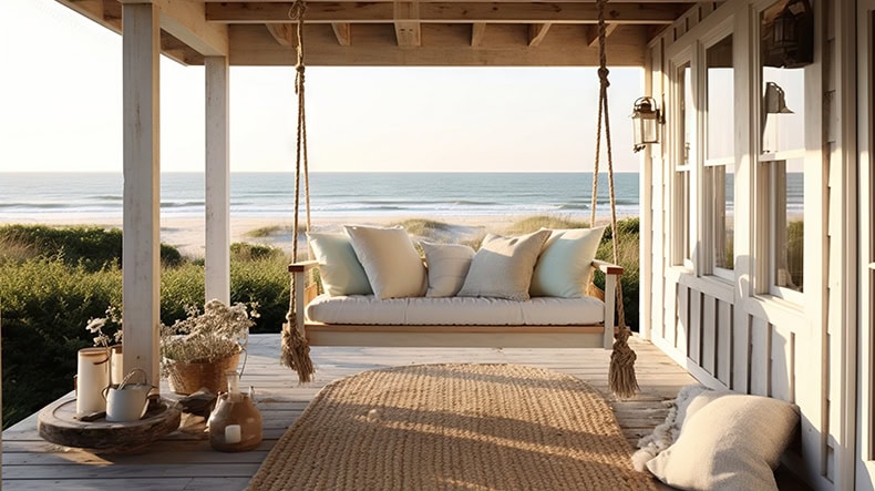 Relaxing outdoor porch swing overlooking the ocean.
