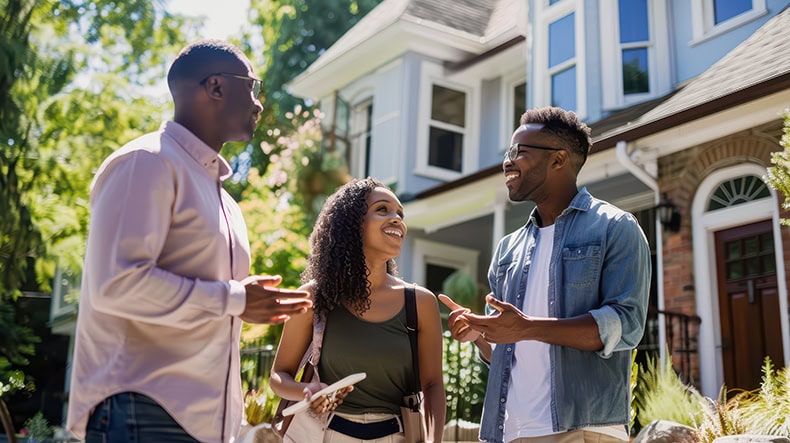 Happy diverse group of homebuyers discussing real estate outside a house.