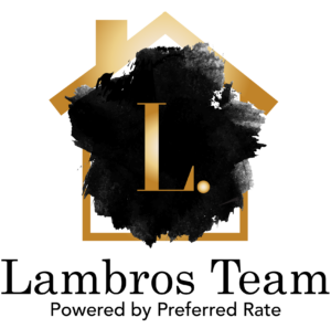 Lambros Team logo with house outline and black ink splash background.